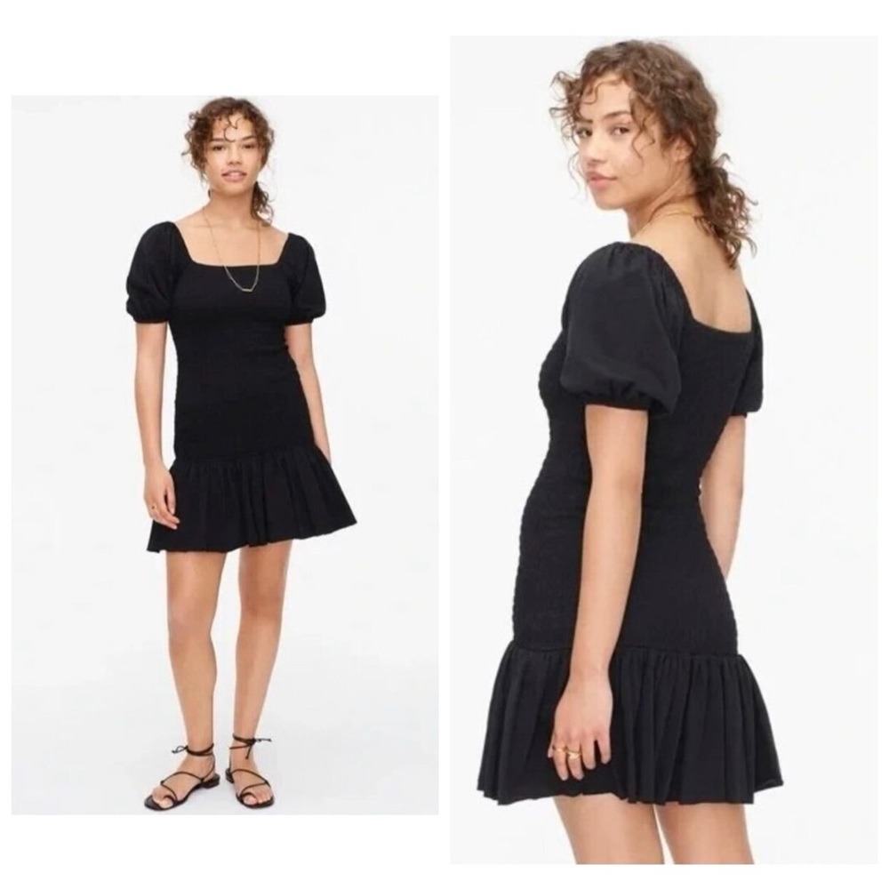 J.Crew Black Smocked Puff Sleeve Knit Dress Romantic Minimalist Flounce Hem, M